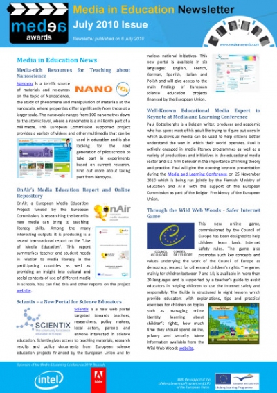 Media in Education Newsletter July Issue Screenshot of first page