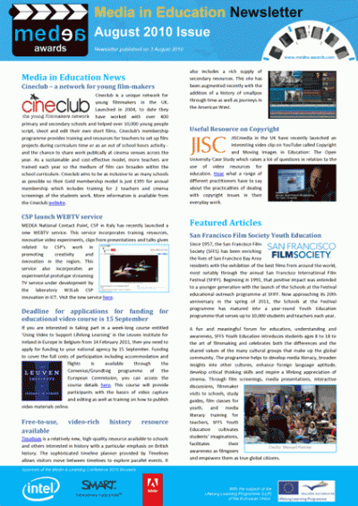 Media in Education Newsletter - August 2010 issue Media in Education Newsletter - first page of August 2010 issue