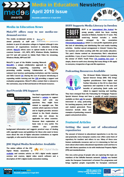 Front page of April edition of Media in Education Newsletter Front page of April edition of Media in Education Newsletter