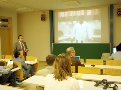 Sofoklis Sotiriou (EA) demonstrates videoconferencing over satellite for teacher training Sofoklis Sotiriou (EA) demonstrates videoconferencing over satellite for teacher training