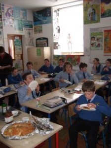 Moveen pupils enjoying the fruits of their labours on Pancake Tuesday