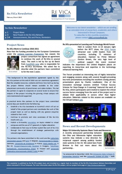 Front cover of the Re.ViCa Virtual Campus Newsletter Feb-Mar